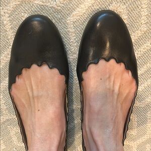 Chloe Black Leather Flats with Scalloped Design